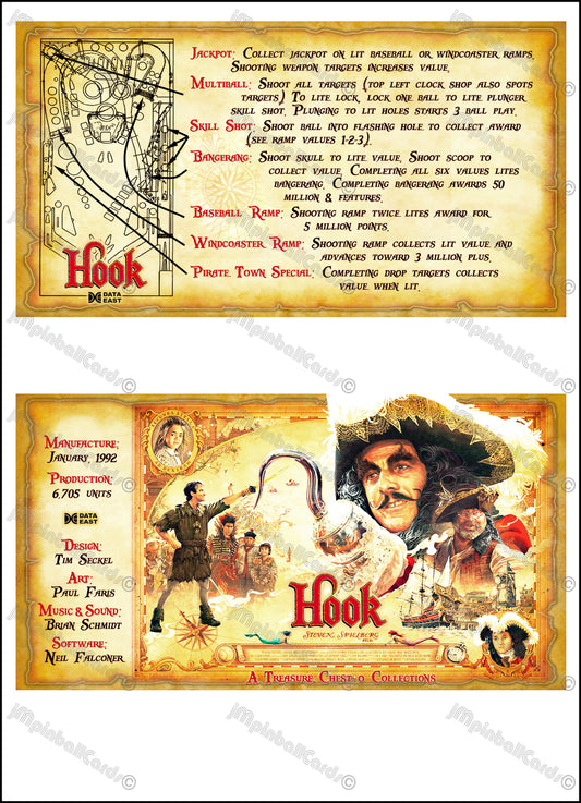 Instrucciones de las tarjetas del juego Data East Hook 1992, versión 1 de Pinball: tarjetas de pinball personalizadas con impresión personalizada.