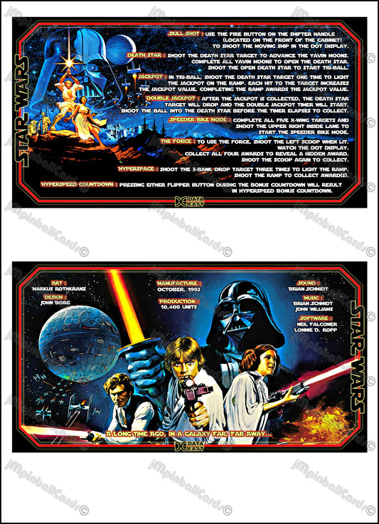 Data East Star Wars 1992 Jeu Cartes Instructions Flipper Custom Apron règles imprimées V1