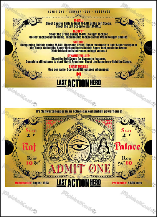 Instrucciones de las tarjetas del juego Data East Last Action Hero 1993 Pinball Versión 1 Golden Ticket - Tarjetas de pinball personalizadas con impresión personalizada