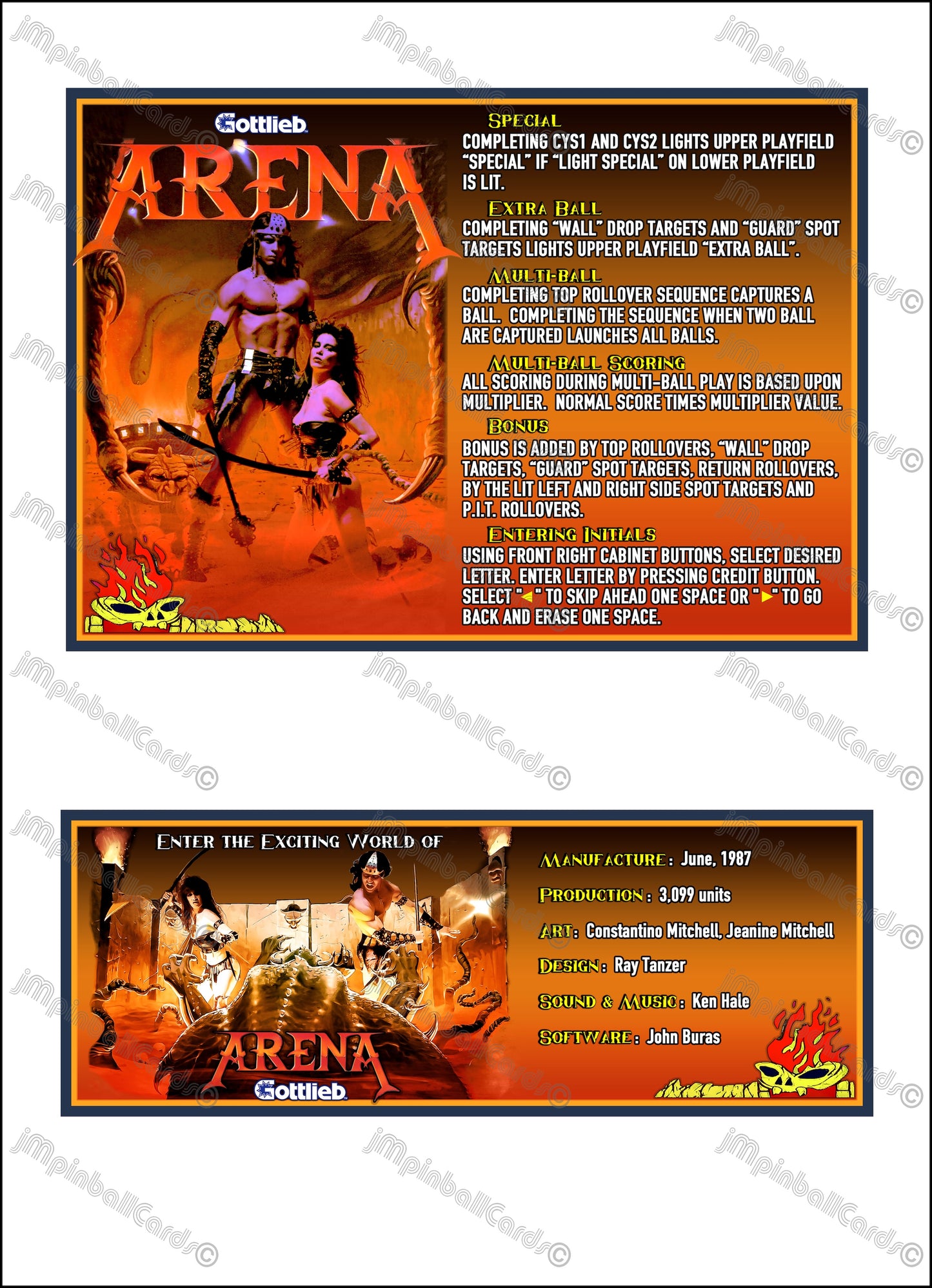 Instrucciones de las tarjetas del juego Gottlieb Arena 1987 Pinball V1 Tarjetas de delantal de pinball con impresión personalizada