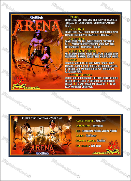 Gottlieb Arena 1987 Jeu Cartes Instructions Flipper Custom Apron règles imprimées V1