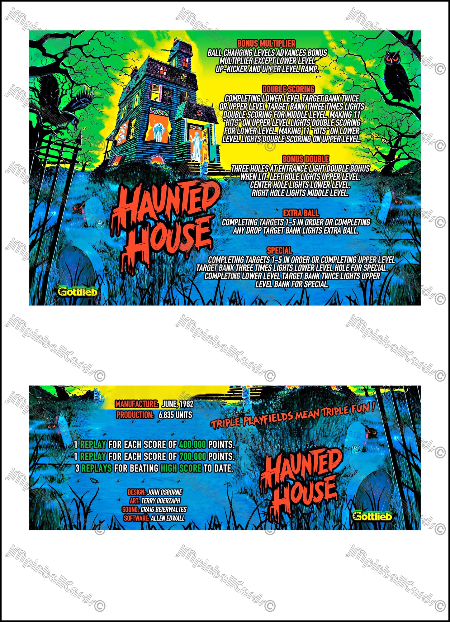 Instrucciones de las tarjetas del juego Gottlieb Haunted House 1982, versión 1 de pinball, tarjetas de delantal de pinball con impresión personalizada