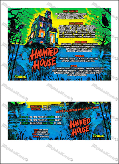 Instrucciones de las tarjetas del juego Gottlieb Haunted House 1982, delantal personalizado de pinball, reglas impresas V1