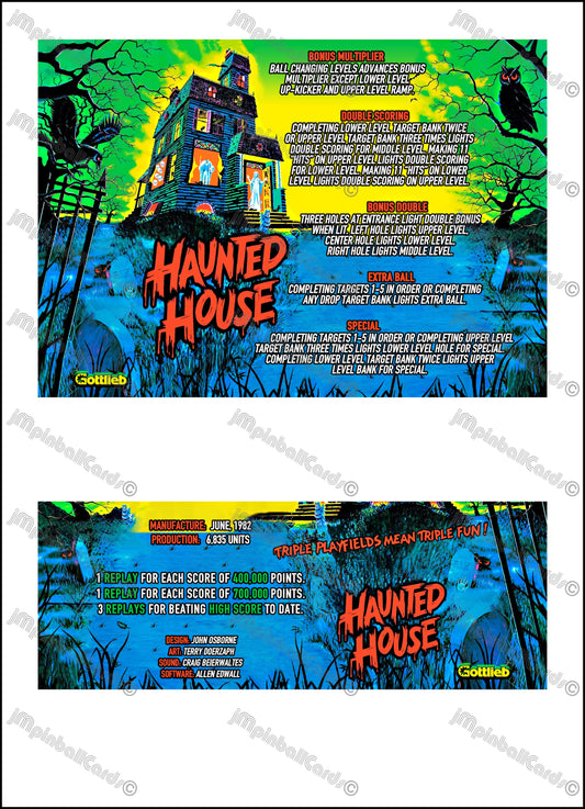 Instrucciones de las tarjetas del juego Gottlieb Haunted House 1982, versión 1 de pinball, tarjetas de delantal de pinball con impresión personalizada
