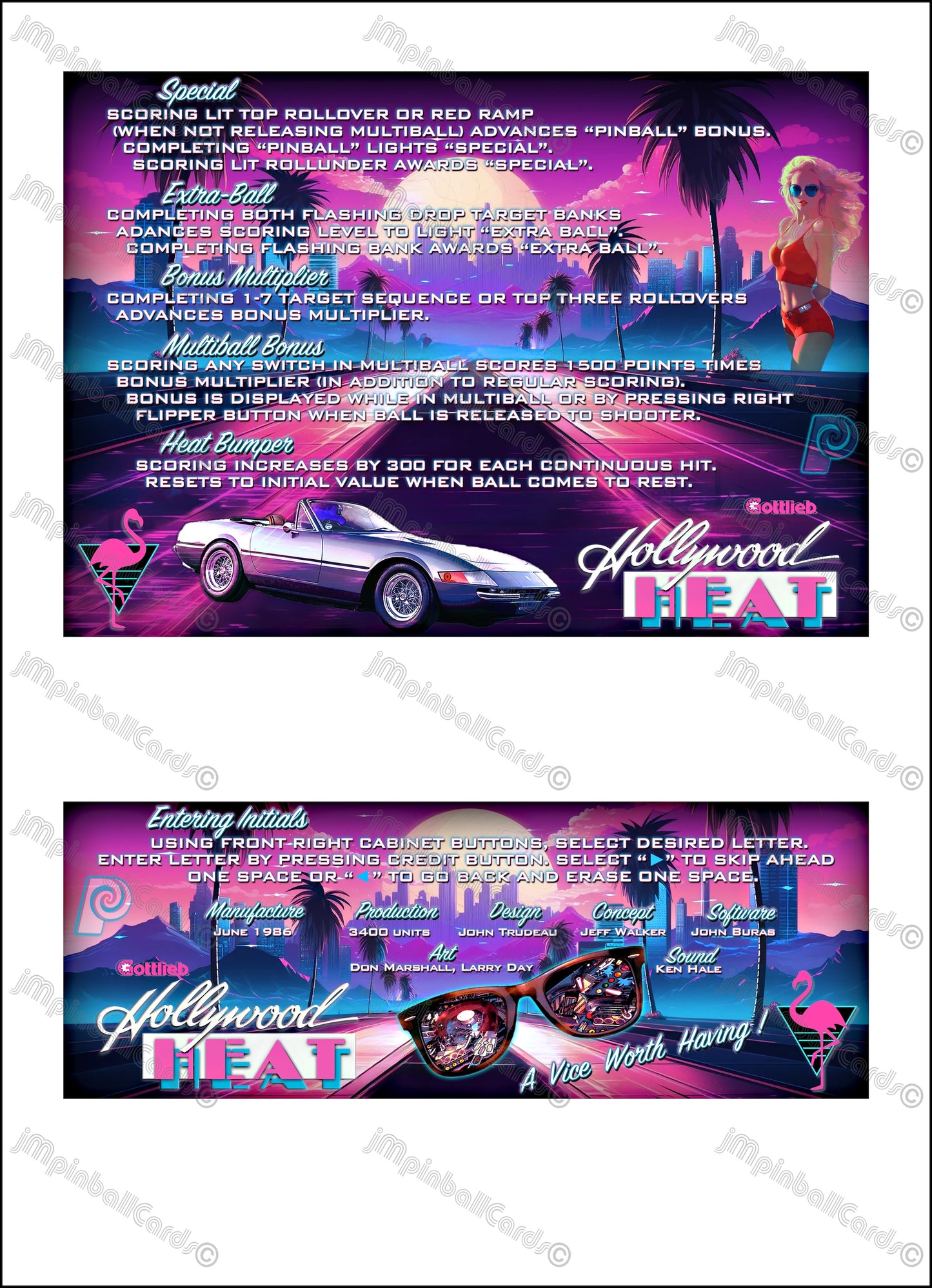 Instrucciones de las tarjetas del juego Gottlieb Hollywood Heat 1986 Pinball V1 Tarjetas de delantal de pinball con impresión personalizada