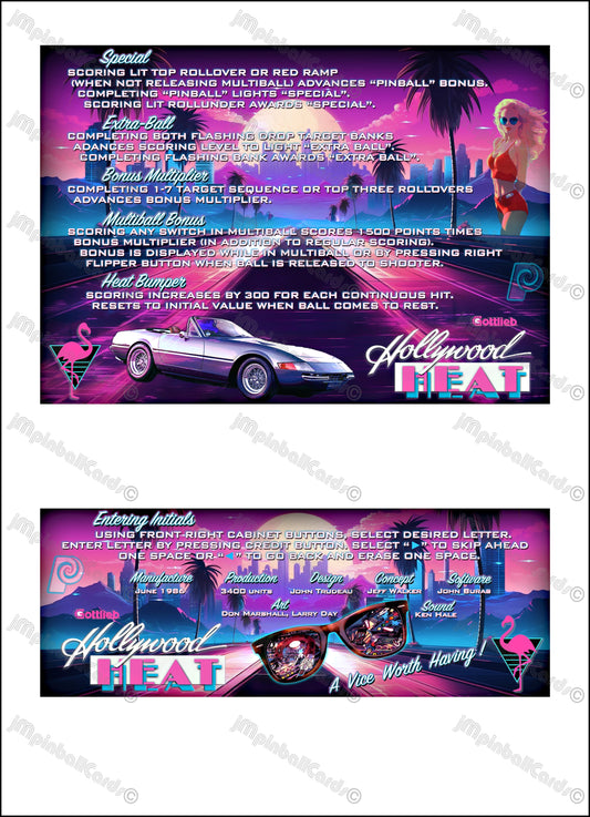 Gottlieb Hollywood Heat 1986 Jeu Cartes Instructions Flipper Custom Apron règles imprimées V1