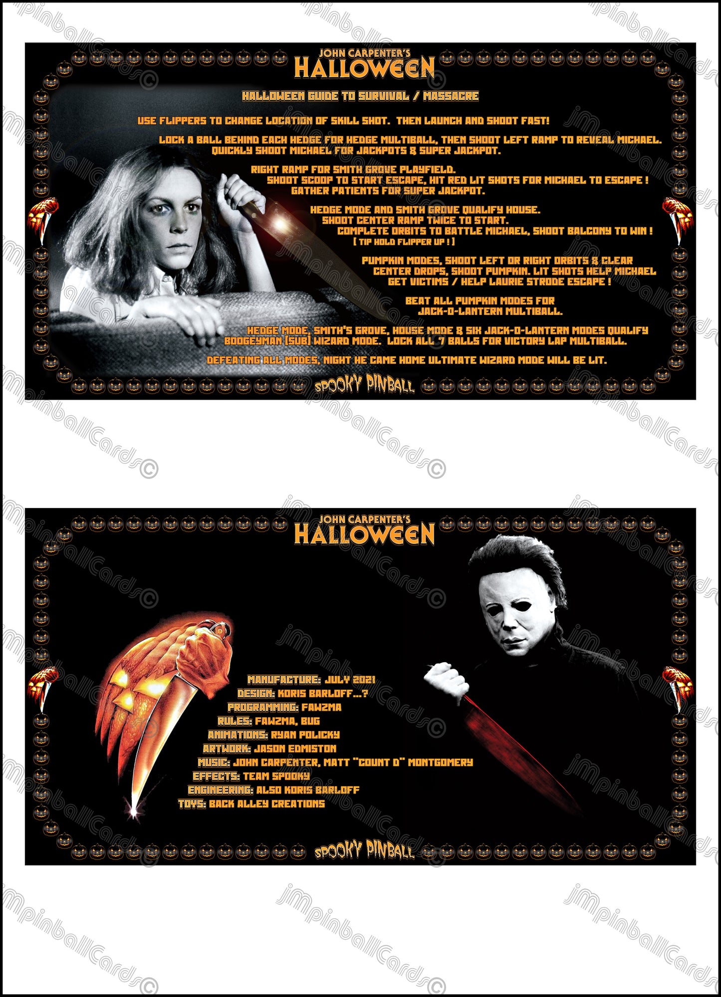 Instrucciones de las tarjetas del juego SPOOKY Halloween 2021, versión Pinball 1, tarjetas de delantal de Pinball impresas personalizadas