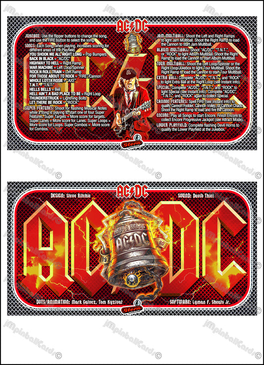 Instrucciones de las tarjetas de juego Stern AC/DC 2012, versión Pinball 1, delantal de pinball con impresión personalizada, tarjetas ACDC