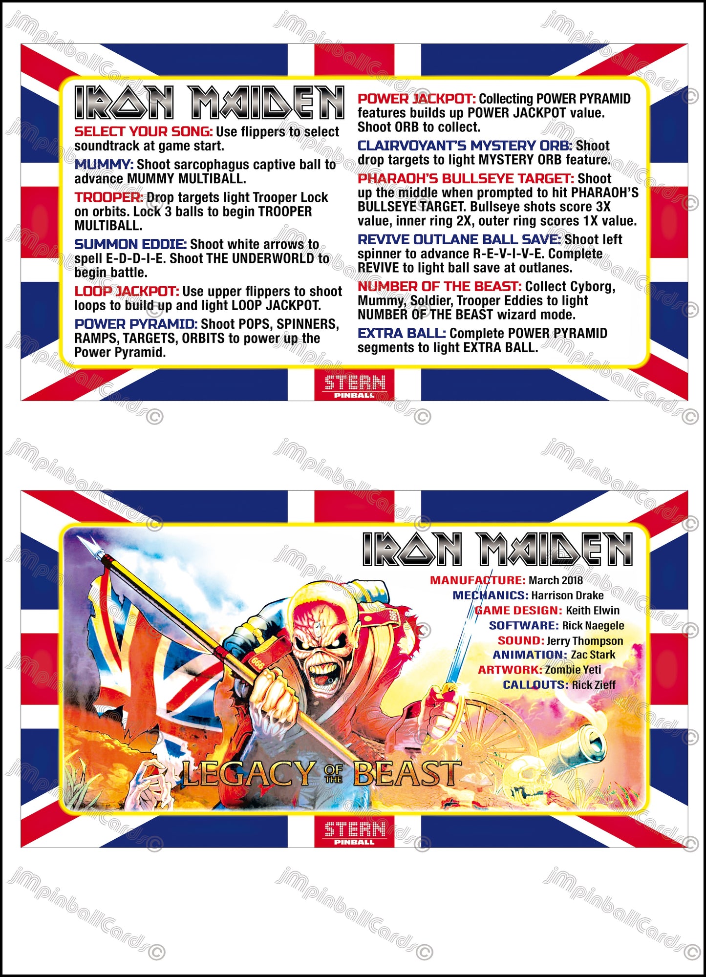 Instrucciones de las tarjetas de juego Stern Iron Maiden 2018, versión Pinball 1, tarjetas de delantal de pinball con impresión personalizada