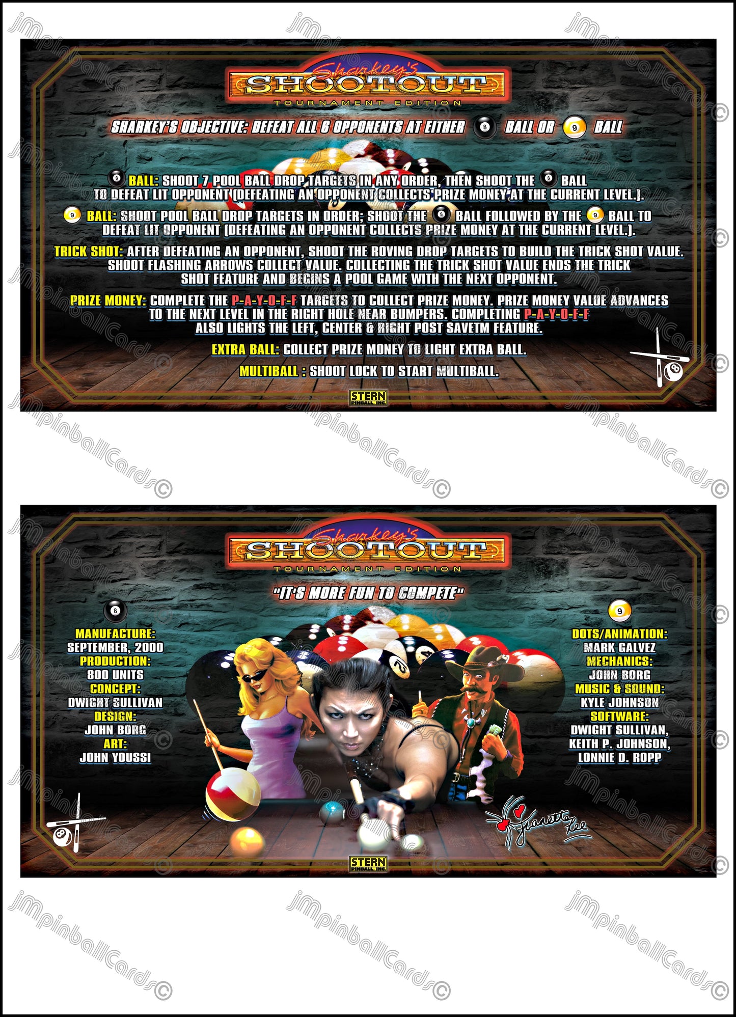 Instrucciones de las tarjetas de juego Stern Sharkey's Shootout 2000, reglas de las tarjetas de delantal de pinball con impresión personalizada de Pinball V1