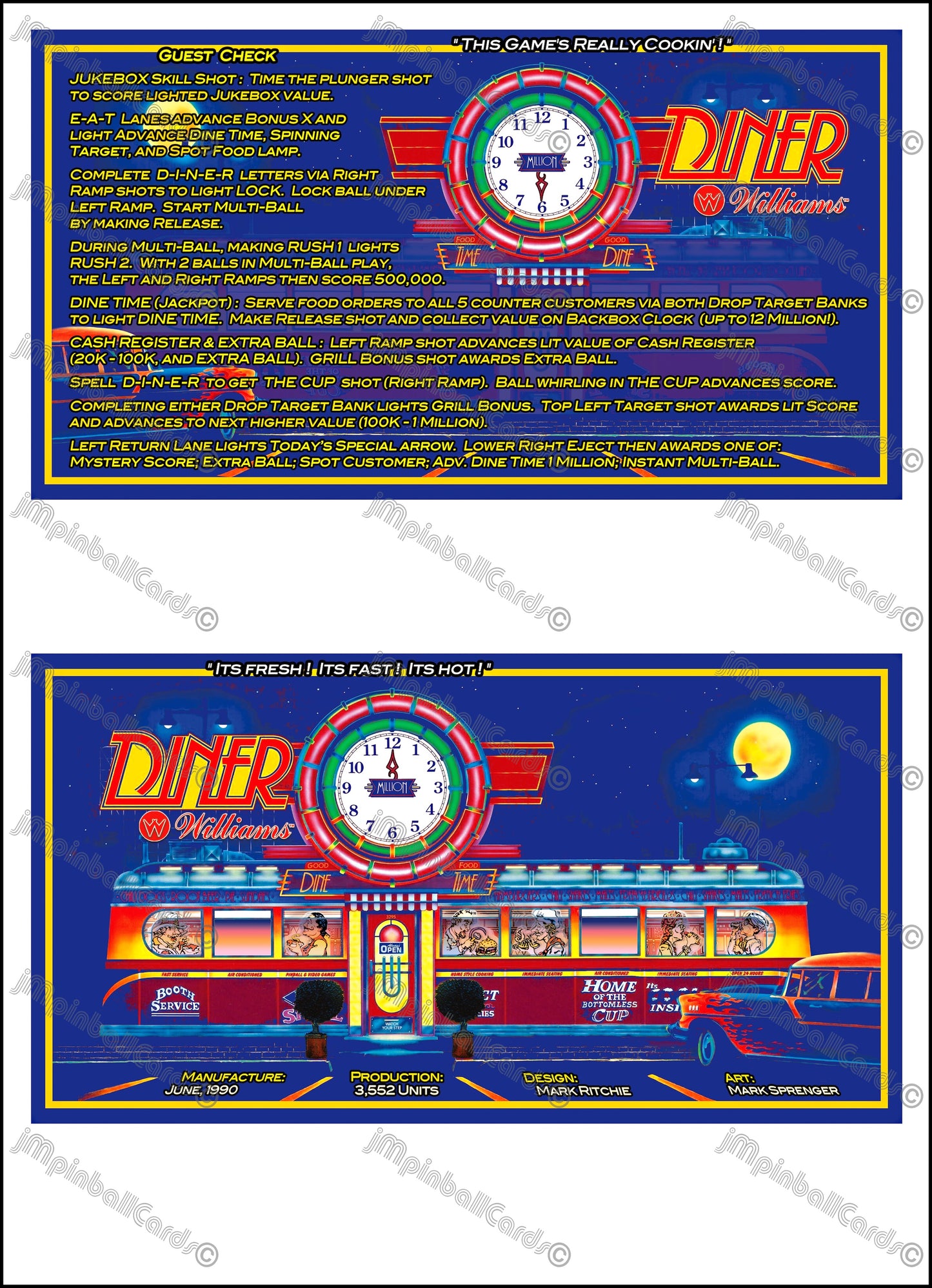 Instrucciones de las tarjetas del juego Williams Diner 1990, delantal personalizado de pinball, reglas impresas V1