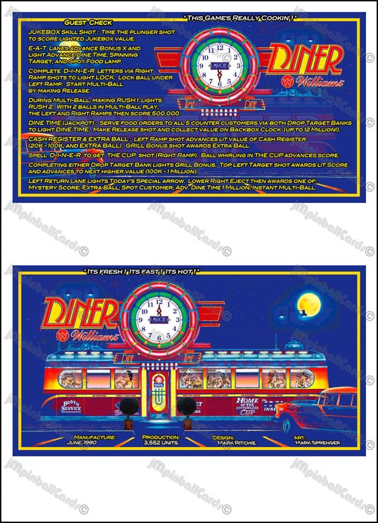 Instrucciones de las tarjetas del juego Williams Diner 1990, delantal personalizado de pinball, reglas impresas V1