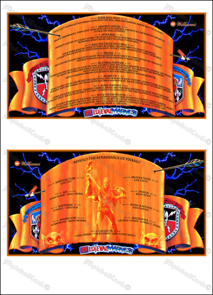 Williams Medieval Madness 1997 Game Cards Instructions Pinball Custom Apron Printed Rules V1