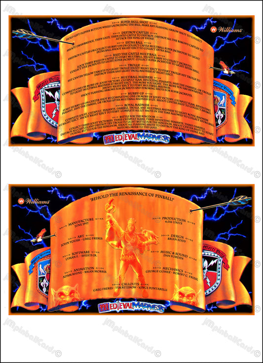 Instrucciones de las tarjetas del juego Williams Medieval Madness 1997, delantal personalizado de pinball, reglas impresas V1