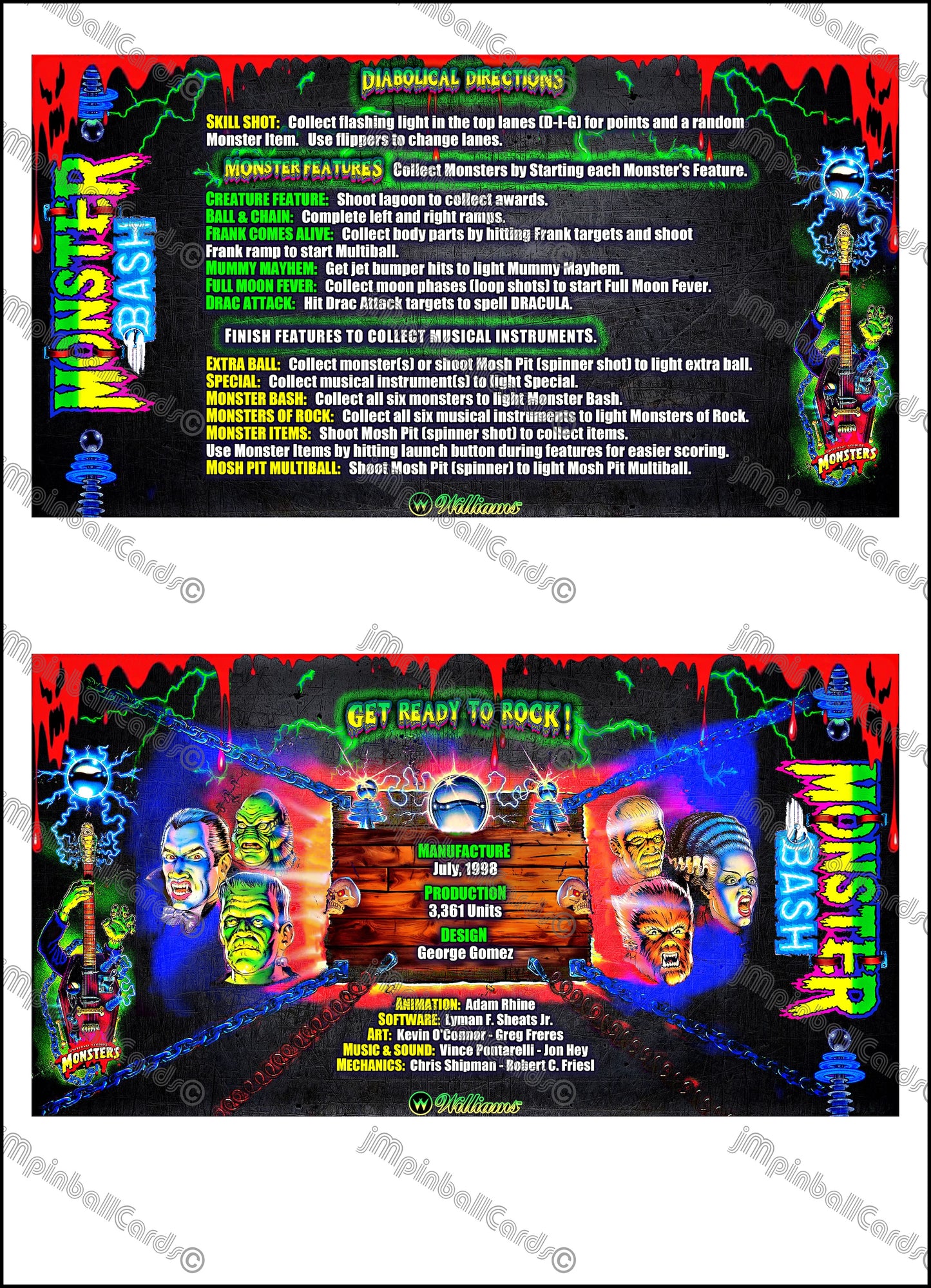 Williams Monster Bash 1998 Game Cards Instructions Pinball Custom Apron Printed Rules V1