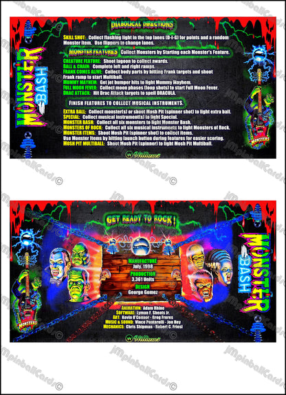 Instrucciones de las tarjetas del juego Williams Monster Bash 1998, delantal personalizado de pinball, reglas impresas V1