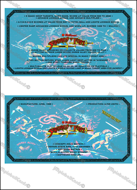Instrucciones de las tarjetas de juego de Williams Swords of Fury 1988, delantal personalizado de pinball, reglas impresas V1