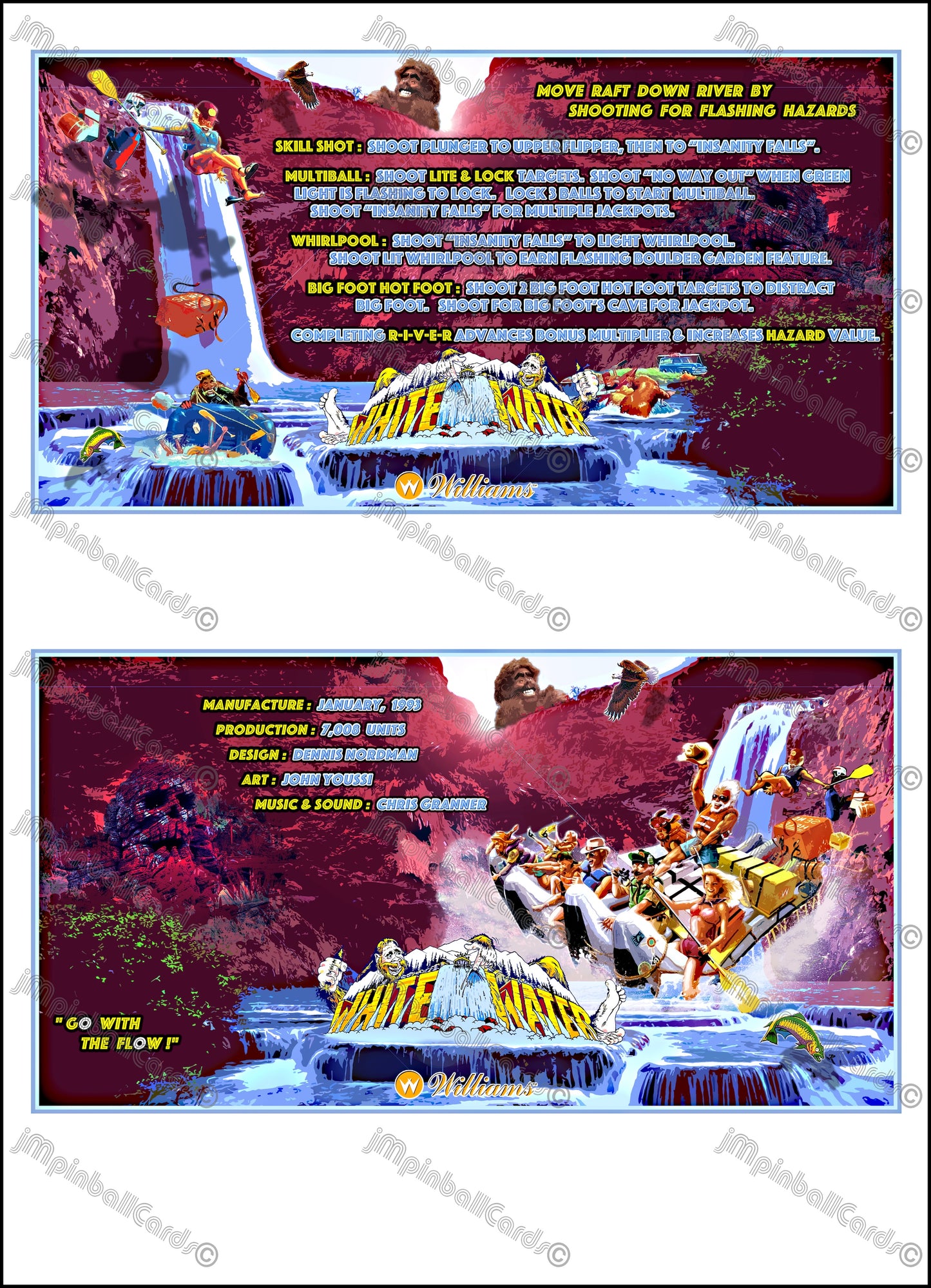 Instrucciones de las tarjetas del juego Williams White Water 1993, delantal personalizado de pinball, reglas impresas V1