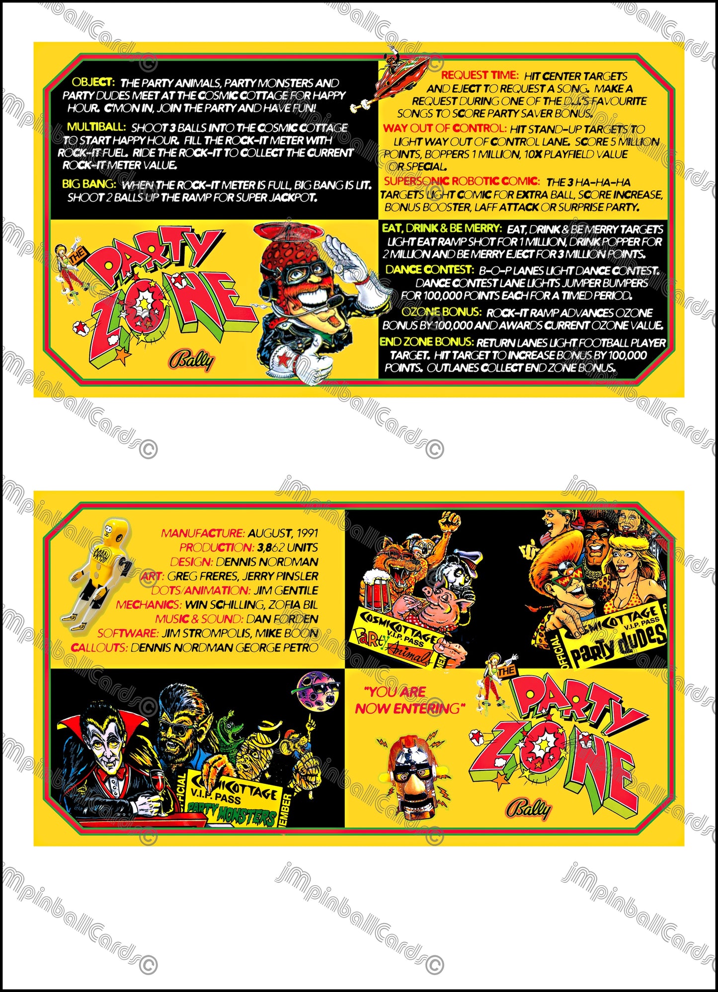 Instrucciones de las tarjetas del juego Bally Party Zone 1991, delantal personalizado de pinball, reglas impresas V2