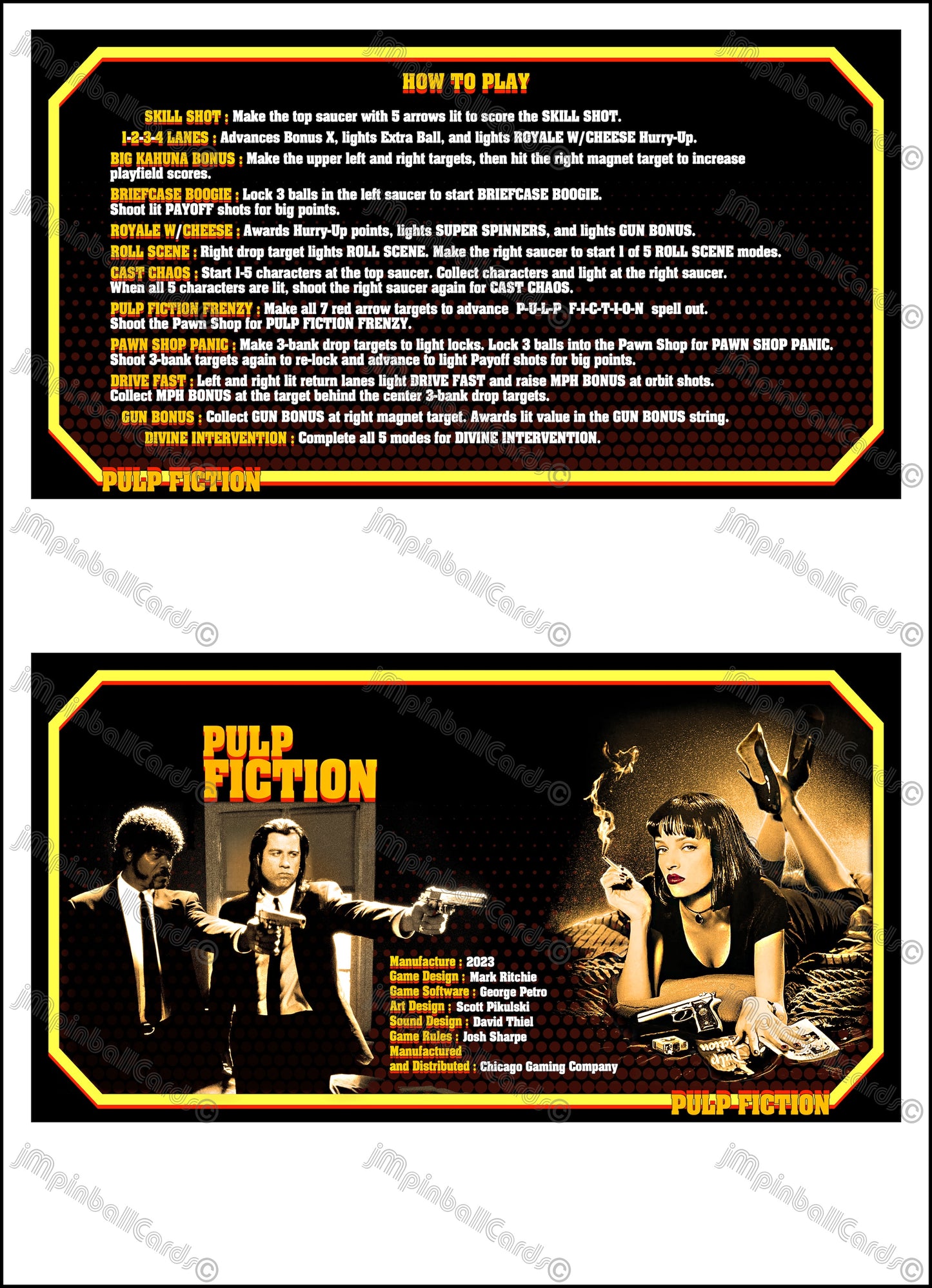 Chicago Gaming Pulp Fiction 2023 Juego de cartas, instrucciones y reglas, juego de pinball impreso, juego de delantal de pinball personalizado V2