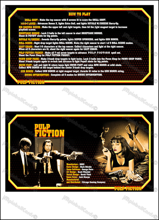 Chicago Gaming Pulp Fiction 2023 Juego de cartas, instrucciones y reglas, juego de pinball impreso, juego de delantal de pinball personalizado V2