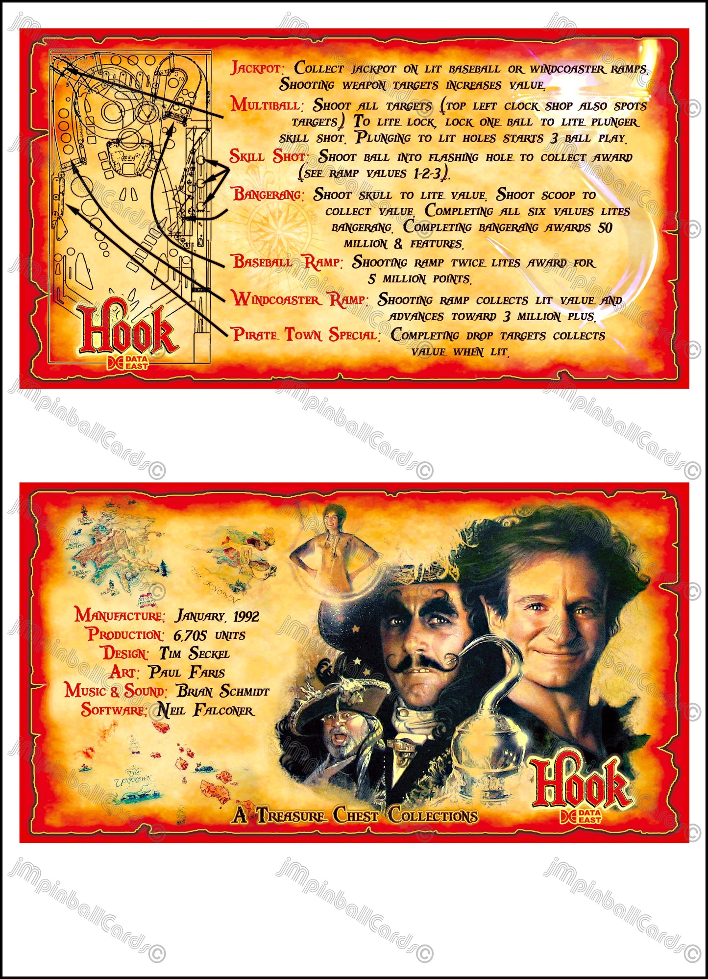 Instrucciones de las tarjetas del juego Data East Hook 1992, versión Pinball 2: tarjetas de pinball personalizadas con impresión personalizada.