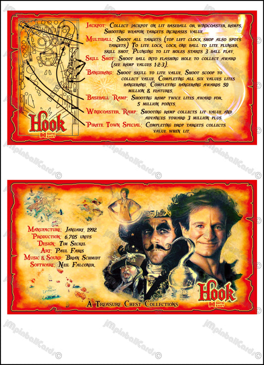 Instrucciones de las tarjetas del juego Data East Hook 1992, versión Pinball 2: tarjetas de pinball personalizadas con impresión personalizada.