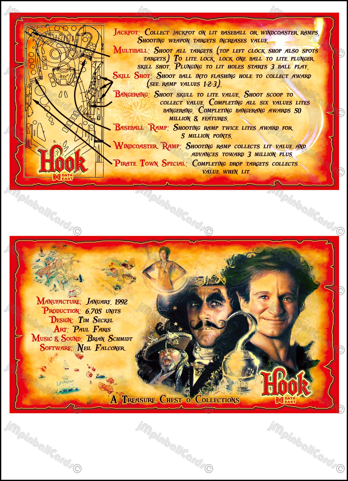Instrucciones de las tarjetas del juego Data East Hook 1992, versión Pinball 2: tarjetas de pinball personalizadas con impresión personalizada.