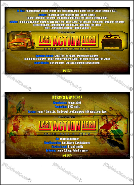 Instrucciones de las tarjetas del juego Data East Last Action Hero 1993 Pinball versión 2 - Tarjetas de pinball personalizadas con impresión personalizada