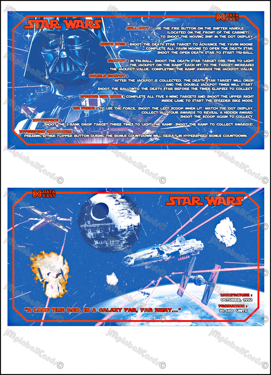 Instrucciones de las tarjetas del juego Data East Star Wars 1992 Pinball versión 2 - Tarjetas de delantal de pinball impresas personalizadas