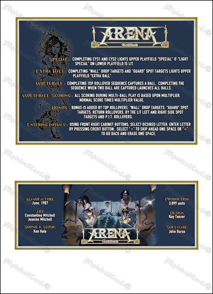 Instrucciones de las tarjetas del juego Gottlieb Arena 1987, delantal personalizado de pinball, reglas impresas V2