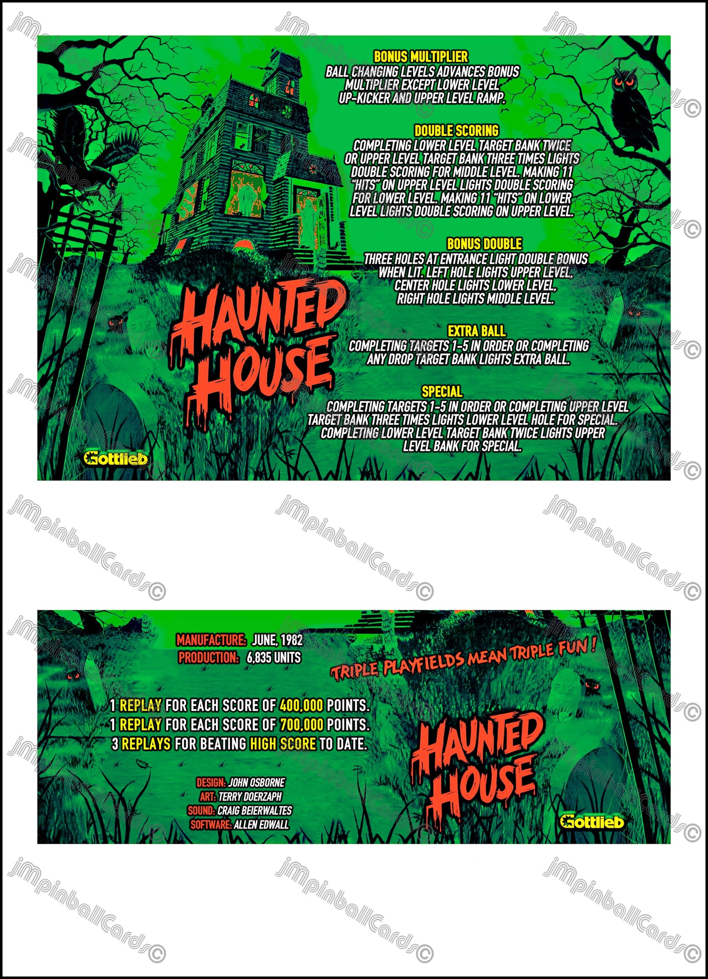 Instrucciones de las tarjetas del juego Gottlieb Haunted House 1982, versión Pinball 2, tarjetas de delantal de pinball con impresión personalizada