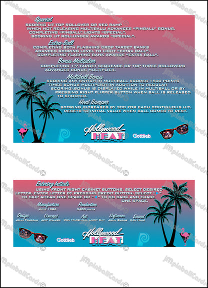 Instrucciones de las tarjetas del juego Gottlieb Hollywood Heat 1986, delantal personalizado de pinball, reglas impresas V2