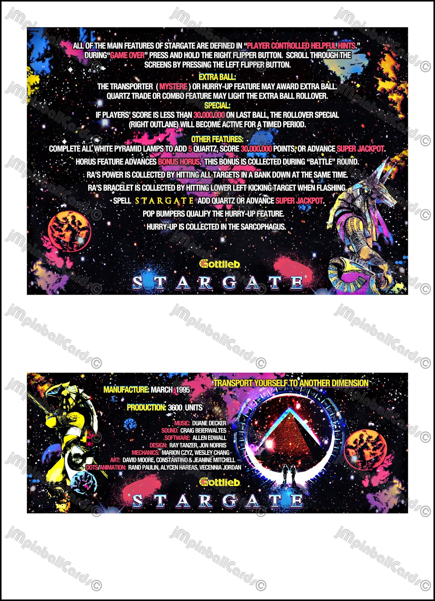 Instrucciones de las tarjetas del juego Gottlieb Stargate 1995, versión Pinball 2, tarjetas de delantal de pinball con impresión personalizada