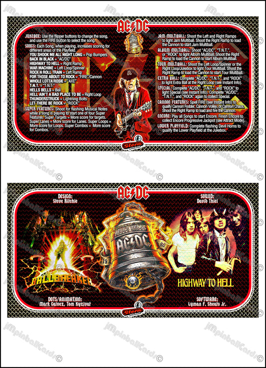 Stern AC/DC 2012 Jeu Cartes Instructions Flipper Custom Apron règles imprimées ACDC V2