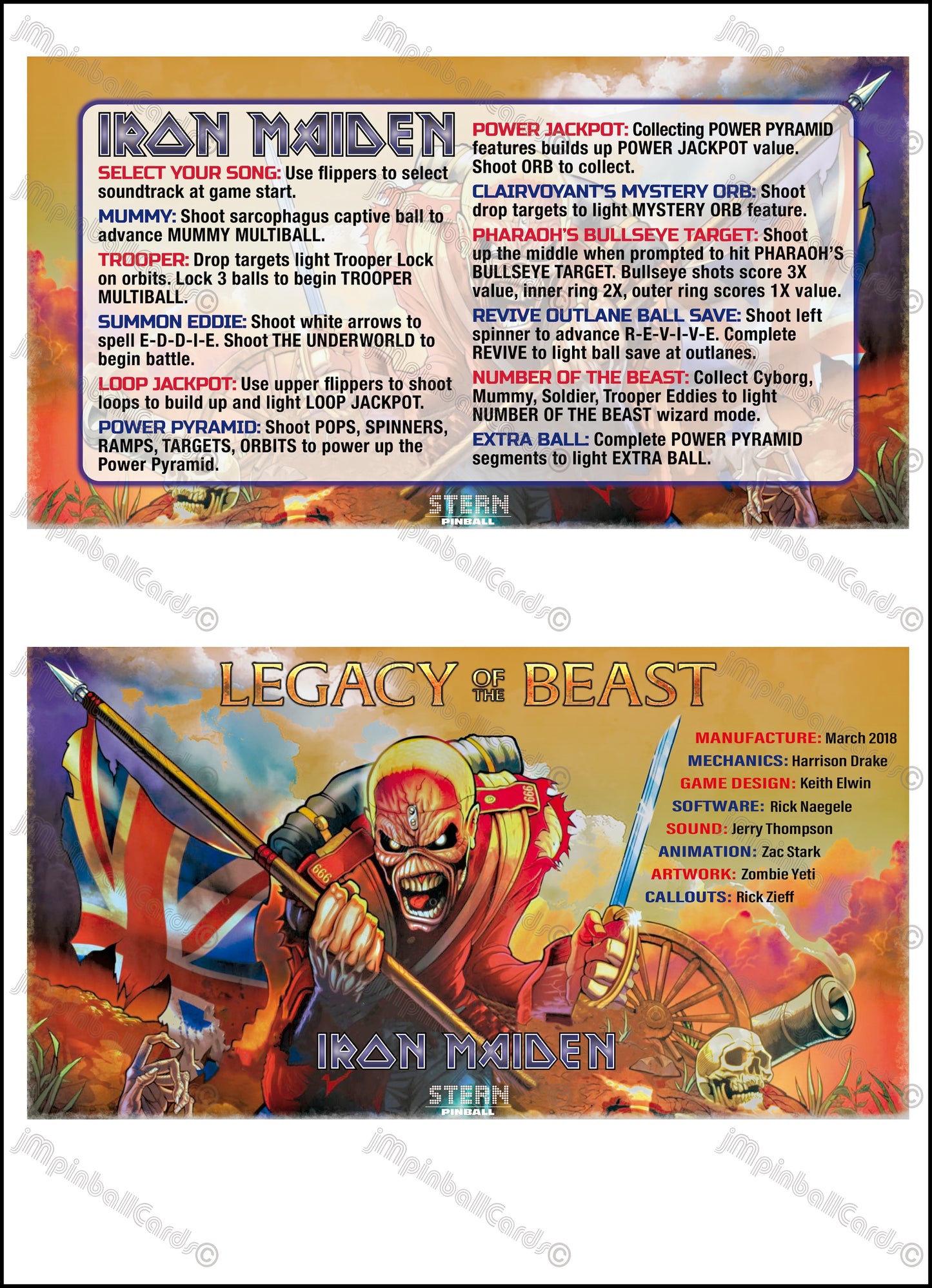 Instrucciones de las tarjetas de juego Stern Iron Maiden 2018, versión Pinball 2, tarjetas de delantal de pinball con impresión personalizada