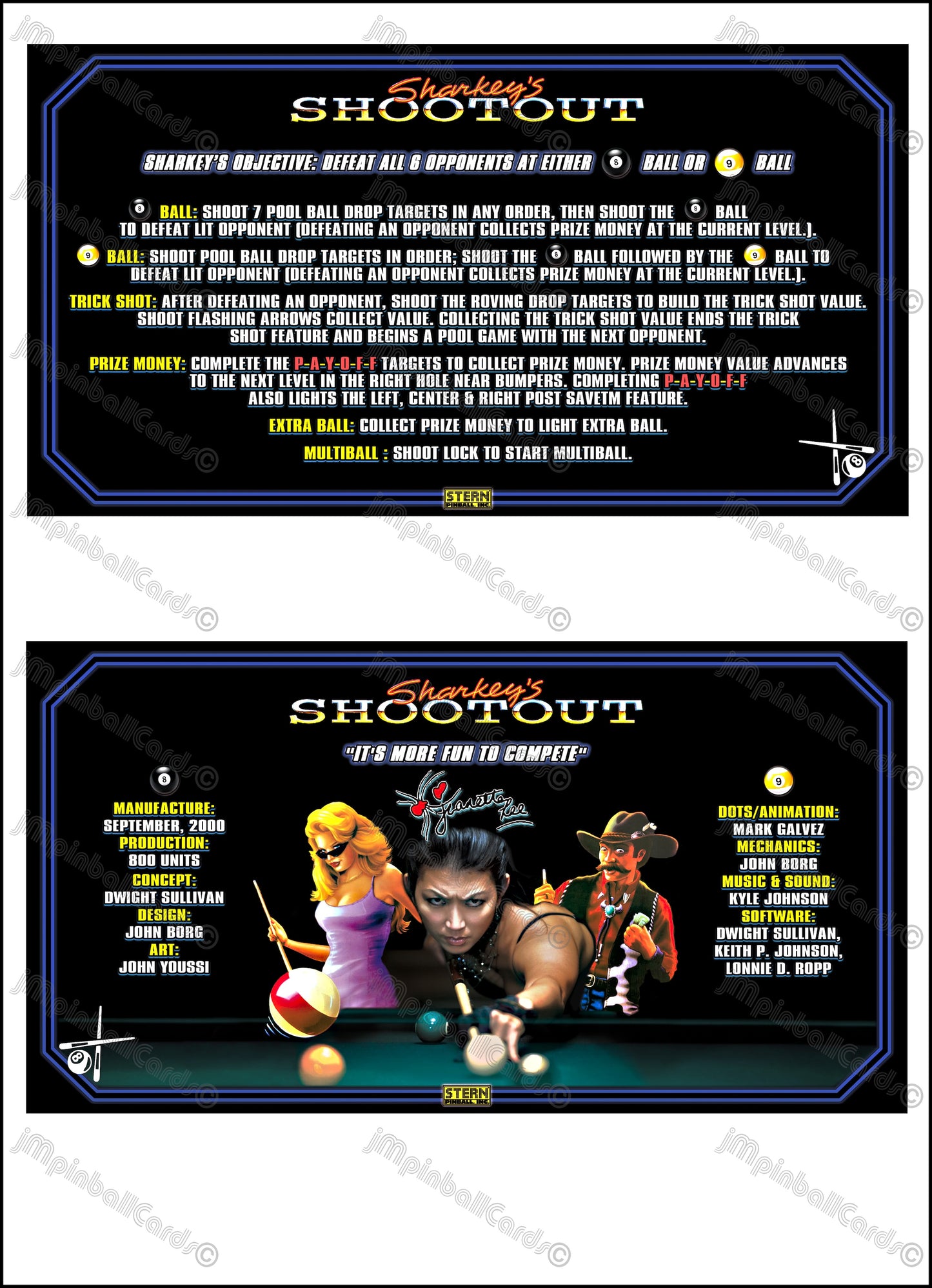 Instrucciones de las tarjetas de juego Stern Sharkey's Shootout 2000, reglas de las tarjetas de delantal de pinball con impresión personalizada de Pinball V2