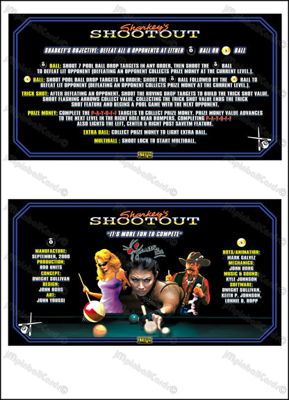 Instrucciones para las tarjetas de juego Stern Sharkey's Shootout 2000, delantal personalizado de pinball, reglas impresas V2