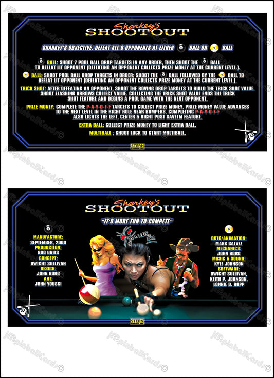 Instrucciones para las tarjetas de juego Stern Sharkey's Shootout 2000, delantal personalizado de pinball, reglas impresas V2