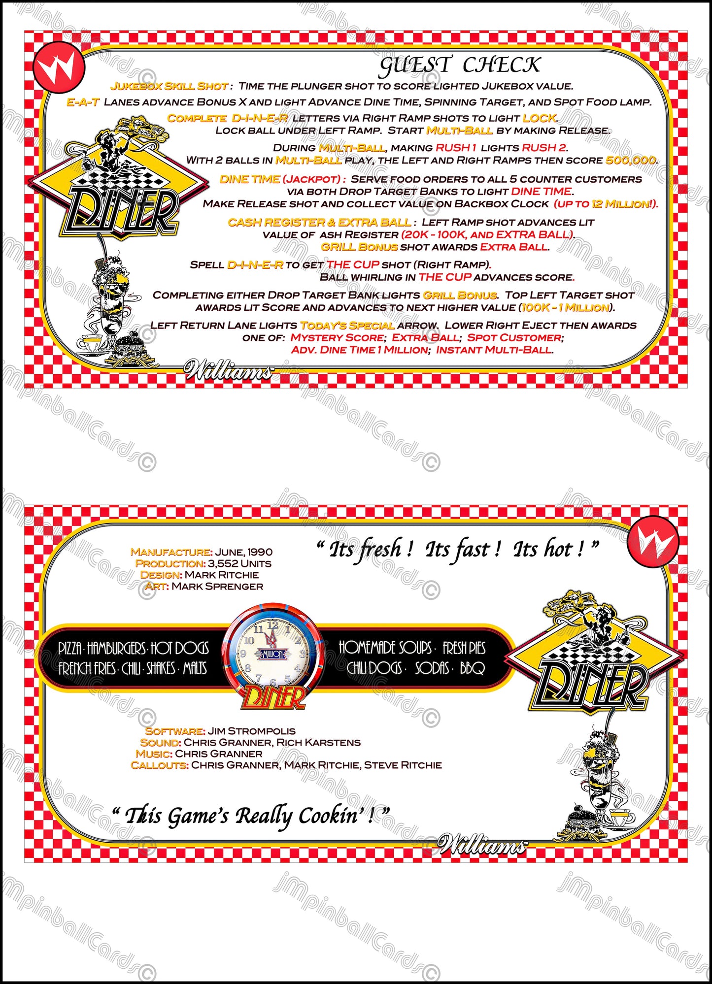 Instrucciones de las tarjetas del juego Williams Diner 1990, delantal personalizado de pinball, reglas impresas V2