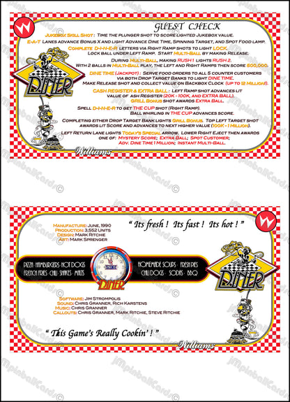 Instrucciones de las tarjetas del juego Williams Diner 1990, delantal personalizado de pinball, reglas impresas V2