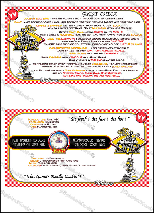 Instrucciones de las tarjetas del juego Williams Diner 1990, delantal personalizado de pinball, reglas impresas V2