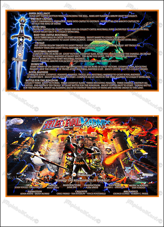 Instrucciones de las tarjetas del juego Williams Medieval Madness 1997, delantal personalizado de pinball, reglas impresas V2