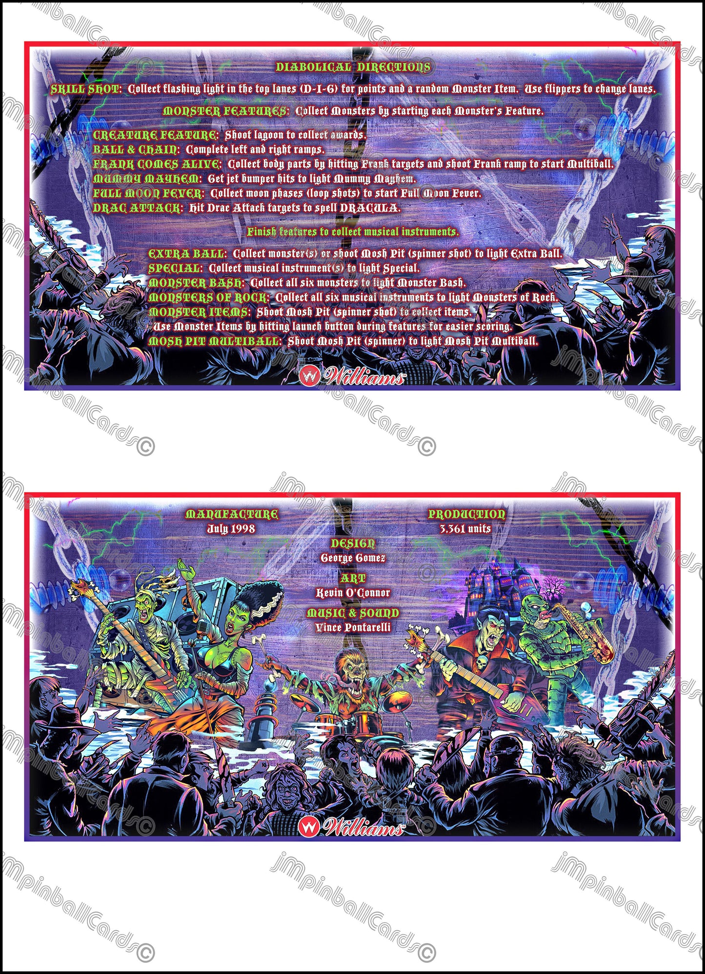 Instrucciones de las tarjetas del juego Williams Monster Bash 1998, delantal personalizado de pinball, reglas impresas (versión 2)