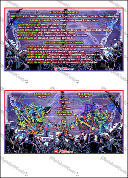 Instrucciones de las tarjetas del juego Williams Monster Bash 1998, delantal personalizado de pinball, reglas impresas (versión 2)