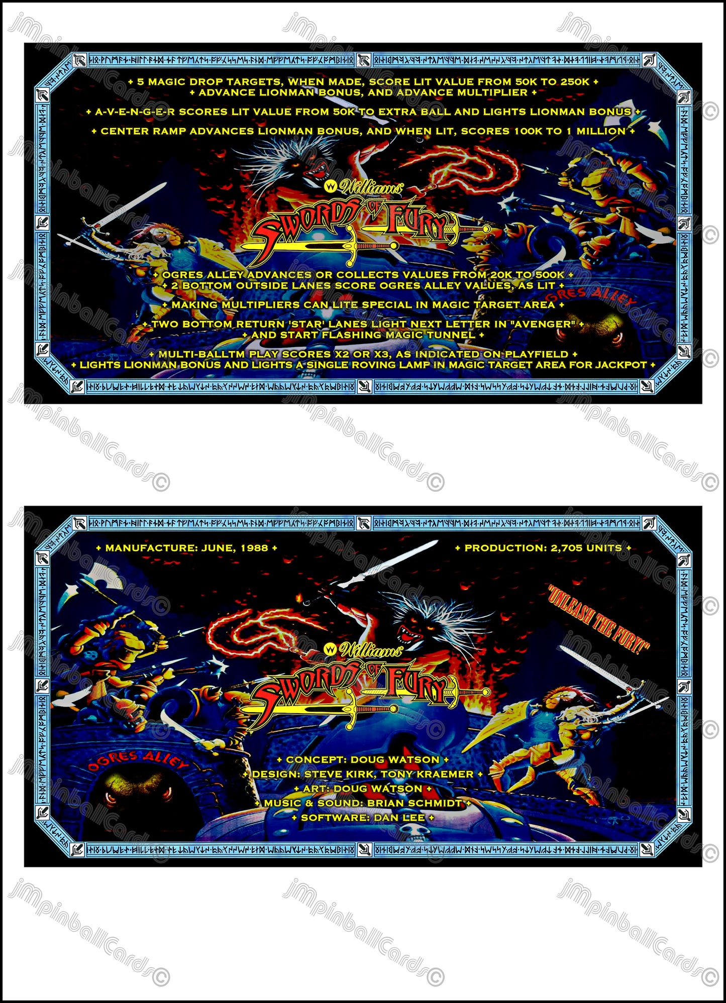 Williams Swords Of Fury 1988 Game Cards Instructions Pinball Custom Apron Printed Rules V2