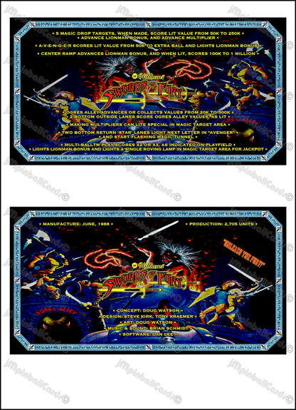 Williams Swords Of Fury 1988 Game Cards Rules Instructions Pinball Custom Apron V2