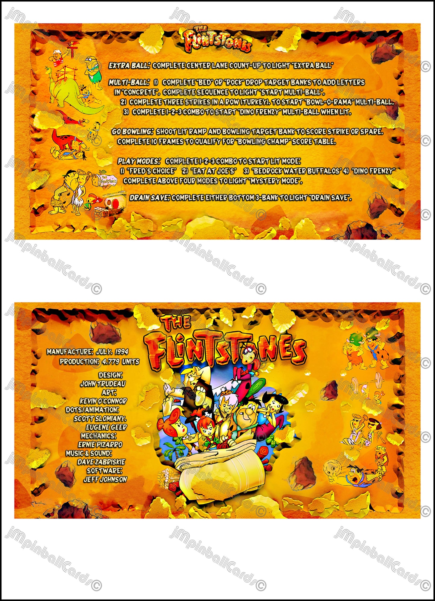 Instrucciones de las tarjetas del juego de pinball de Los Picapiedra (1994) de Williams, delantal personalizado, reglas impresas (V2)