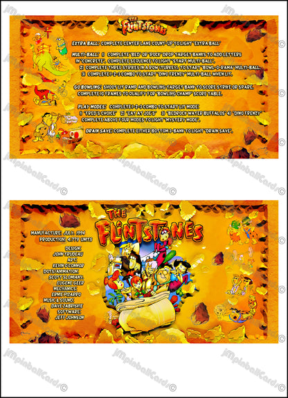 Instrucciones de las tarjetas del juego de pinball de Los Picapiedra (1994) de Williams, delantal personalizado, reglas impresas (V2)