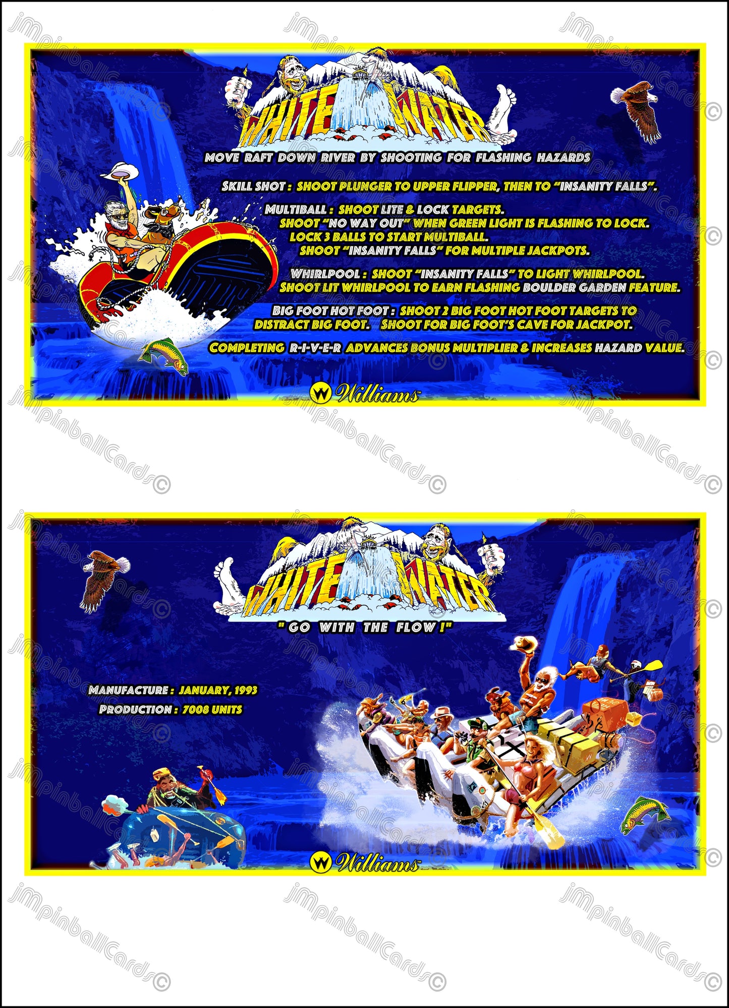 Instrucciones de las tarjetas del juego Williams White Water 1993, delantal personalizado de pinball, reglas impresas V2